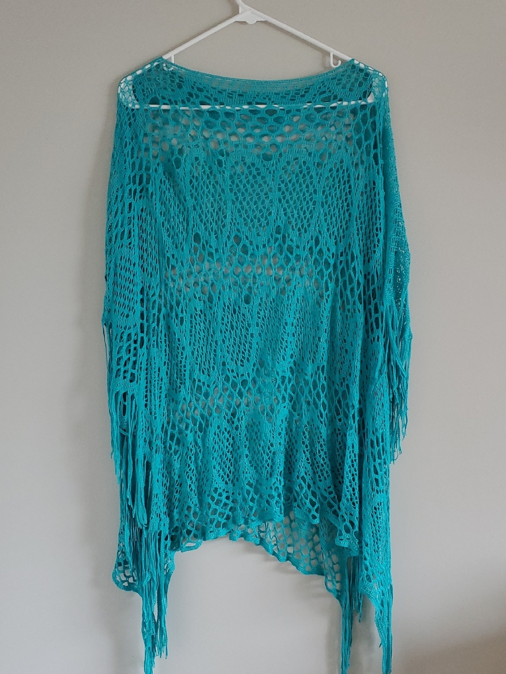 Turquoise Open-Knit Fringe Poncho One Size Boho Hippie Festival Western S M L
